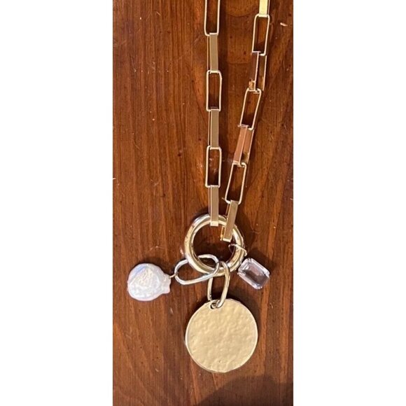 Devon Leigh gold link multi-charm necklace, mother of pearl, coin charms NWT - Picture 4 of 6